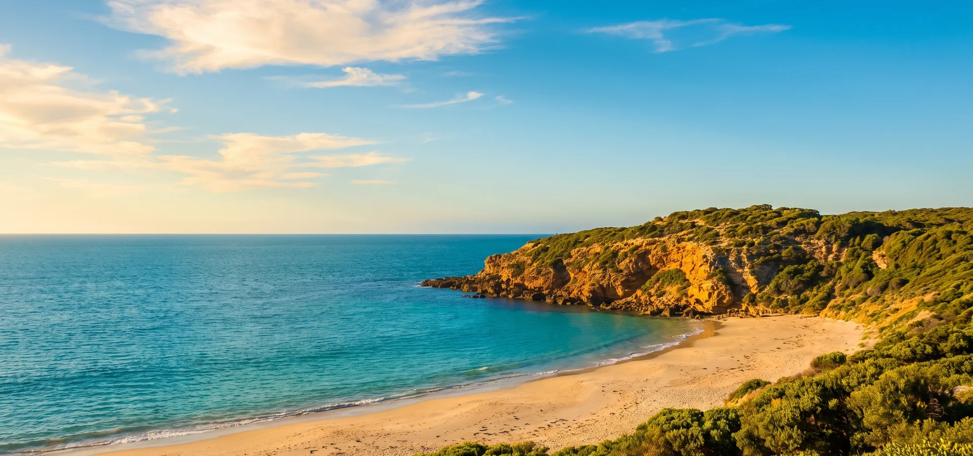 Sunlit Australian coastline with turquoise water, a golden beach and a rocky headland